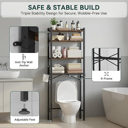 GloTika 4-Tier Over The Toilet Storage with Paper Holder and 4 Hooks - Metal Over Toilet Bathroom Organizer Shelf, Freestanding Bathroom Cabinet for Laundry/Living Room (69.3" H, Black Brown)