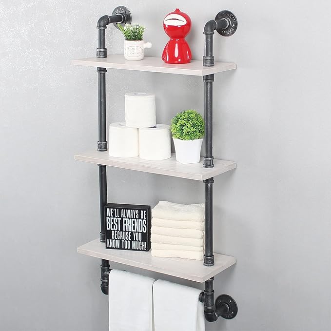 Industrial Pipe Shelf Bathroom Shelves Wall Mounted,19.6in Rustic Wood Shelf with Towel Bar,3 Tier Farmhouse Towel Rack Over Toilet,Pipe Shelving Floating Shelves Towel Holder,Retro White