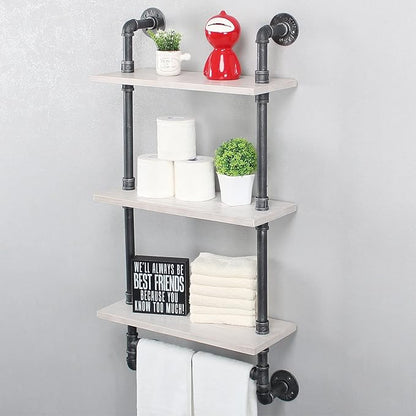 Industrial Pipe Shelf Bathroom Shelves Wall Mounted,19.6in Rustic Wood Shelf with Towel Bar,3 Tier Farmhouse Towel Rack Over Toilet,Pipe Shelving Floating Shelves Towel Holder,Retro White