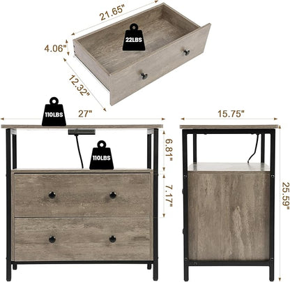 27 inch Wide Night Stand with Charging Station, Bedside Table with Open Shelf, 2 Drawers Small Wood Dresser, Modern Wood Nightstand for Bedroom/Living Room (Rustic Gray)