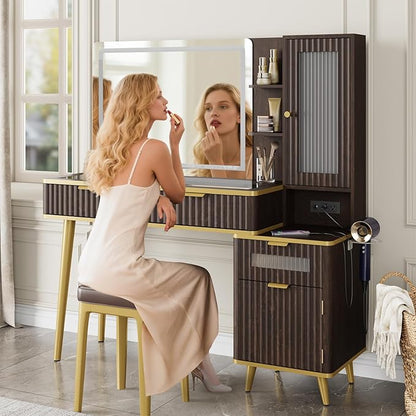 QUW Fluted Makeup Vanity Desk with Mirror and Lighits, 48" Modern Glass Top Vanity Table with Charging Station, Vanity Mirror with Adjustable Brightness, Dressing Table for Bedroom, Dark Walnut