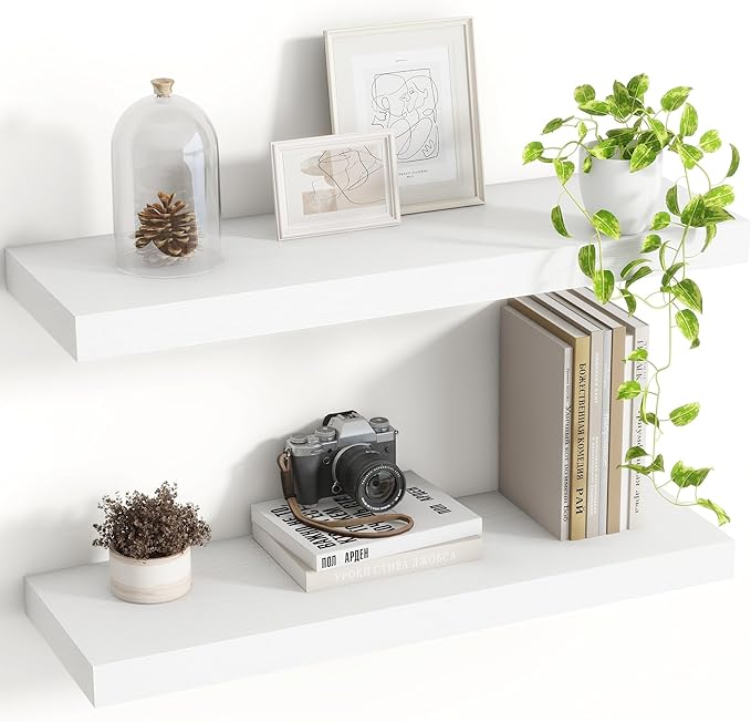 Acovy 24 Inch Floating Shelves, 8 Inch Deep Floating Shelves for Wall, Hanging Shelf with Invisible Brackets, Deep Shelves for Bathroom, Bedroom, Living Room, White, Set of 2