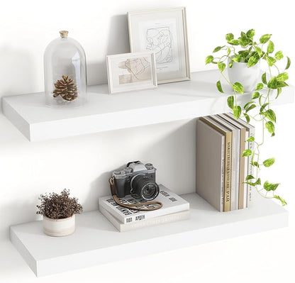 Acovy 24 Inch Floating Shelves, 8 Inch Deep Floating Shelves for Wall, Hanging Shelf with Invisible Brackets, Deep Shelves for Bathroom, Bedroom, Living Room, White, Set of 2