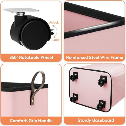 SpaceTrove Laundry Basket with Wheels, Collapsible Laundry Baskets, Laundry Hamper with Handles Detachable Wheels, Rolling Laundry Basket, Dirty Clothes Hamper for Bathroom, Dorm, Bedroom, Pink, 80L