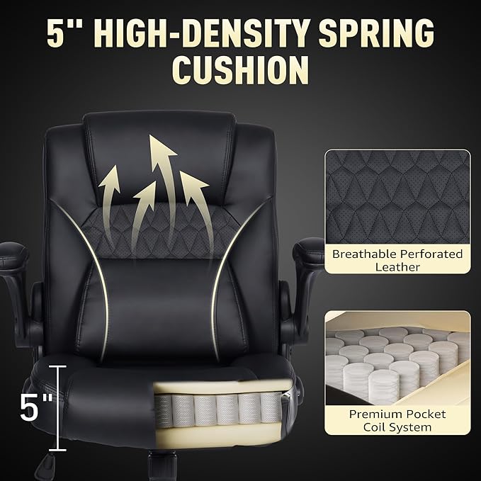 Home Office Chair with Lumbar Support, 5" Thickened Seat, Small PU Leather Rocking Desk Chair, Comfy Computer Chairs with Rolling Wheels & Adjustable Armrests for Adults, Black