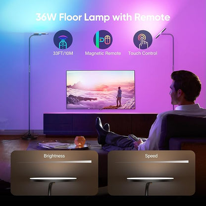 36W LED Floor Lamp, Super Bright Standing Lamp, Modern Stepless Dimmable Torchiere Tall Lamp with Remote Control, 350°Rotating Head Reading Floor Lamp for Living Room, Bedroom, Office