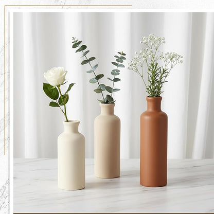 5 Pcs Rustic Country Tabletop Centerpieces Decor Set of 3 Boho Ceramic Vases with Wooden Serving Tray Wood Bead Garland Tassels Table Holder for Home Decorations (Brown)