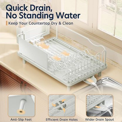 Dish Drying Rack Large Capacity - Stainless Steel Dish Rack for Kitchen Counter with Drain Board, Rustproof Dish Drainer with Auto Drain Spout, Utensil Holder & Glass Holder, Dinnerware Organizer