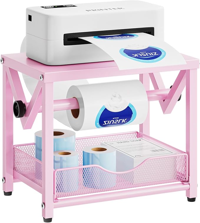 Marbrasse Label Holder for Rolls and Fanfold Labels, Metal Thermal Label Printer Holder with Drawer, Shipping Label Stand,Sticker Roll Holder for Home, Office, Small Business,Pink