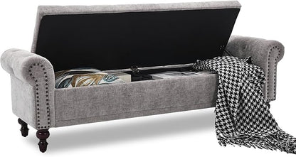Storage Bench for Bedroom, 67" End of Bed Bench King Size, Upholstered Chenille Storage Ottoman with Tufted Cushioned Rolled Arm Large Storage Space for Living Room Entryway, Light Grey