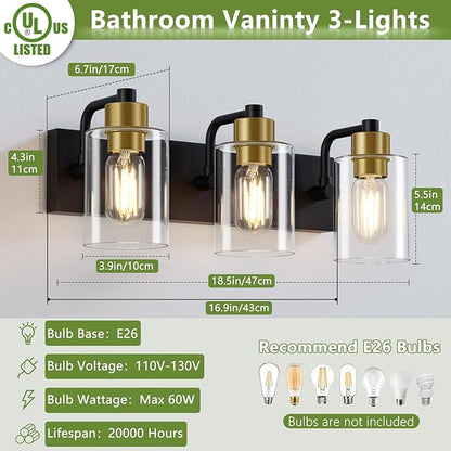 Bathroom Light Fixtures,Matte Black and Gold 3-Light Bathroom Lights with Clear Glass Shade,Modern Wall Sconces Over Mirror for Bathroom, Black&Gold, JD-188