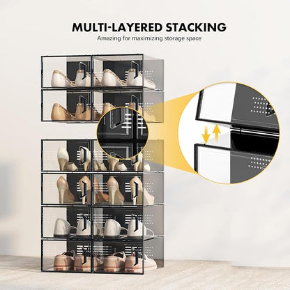 SEE SPRING X-Large Shoe Storage Box Fit Size 11, Clear Plastic Stackable Shoe Organizer for Closet, Space Saving Sneaker Shoe Rack Containers Bins Holders for Entryway, Under Bed, 12 Pack Black