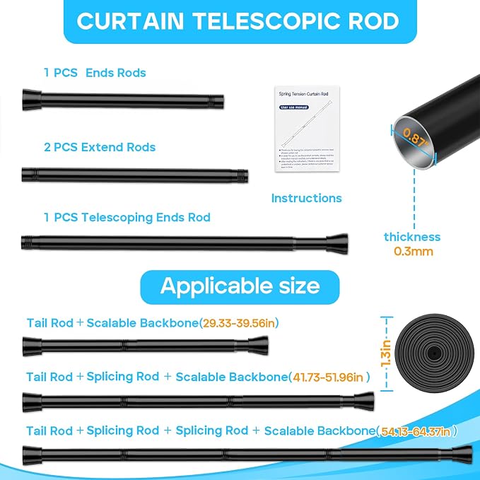 MEXAU Black Shower Curtain Rod 30 To 64 Inch Tension Shower Rod For Bathroom 7/8" Adjustable Spring Curtain Rod No Drilling Spring Curtain Rod Black Tension Tension Rods for Windows Doorway Closet