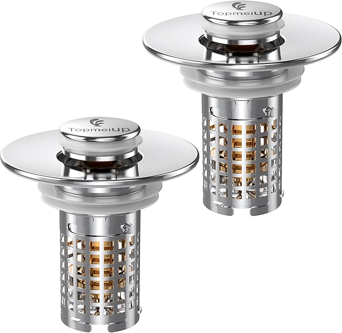 Sink Stopper Hair Catcher, Pop-up Sink Drain Strainer with Removable Stainless Steel Strainer Basket Hair Catcher, Bathroom Sink Strainer for Bathroom Sink Stopper Replacement(New-2pcs)