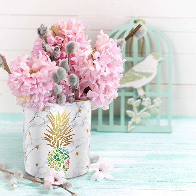 WAVEYU Cute Aesthetic Pencil Holder for Desk, Pineapple Pen Cup Holder, Pretty Office Accessories for Girls Women, Ceramic Organizers, Makeup Brush Holder for Home, Green Pineapple
