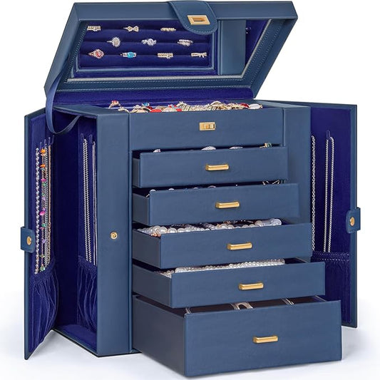 AKOZLIN 6-Tier Jewelry Box Organizer Functional 5 Drawers Leather Jewelry Storage Case for Women Girls Ring Necklace Earring Bracelet Holder Organizer with Mirror Extra Large Blue