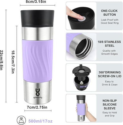 Travel Coffee Mug with 360°Lid, Travel Coffee Tumbler 16 oz Leak Proof, Stainless Steel Insulated Travel Mugs for Hot and Cold Spill Proof Leak Proof(Light Purple)