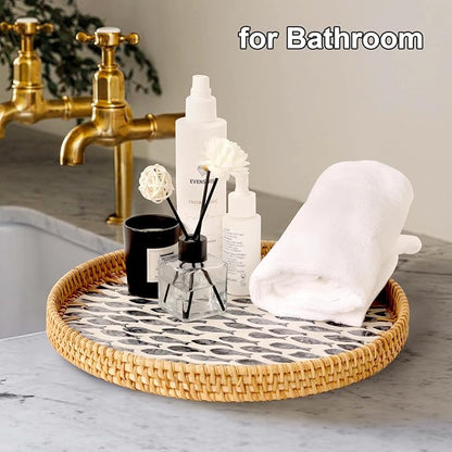 Round Rattan Tray with Mother of Pearl Inlay, Rattan Serving Tray for Coffee, Bread, Fruits, Decorative Wicker Tray for Table Decor, Home Decor, Kitchen Island Decor (Dark Blue Fish, 11.8")