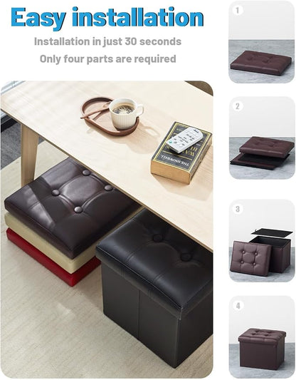 AmasSmile Storage Ottoman Folding Foot Rest Stool, Leather Footstool Bench, Short Ottoman Stool, Storage Foot Rest Store, Books (Brown, 17" D x 13" W x 13" H)