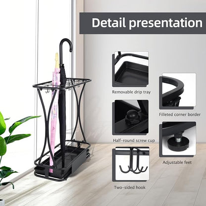 18 Slot Umbrella Stand with 10 Hooks – Heavy Duty Metal Indoor Umbrella Rack Holder with Removable Drip Tray – Large Commercial Entryway Organizer for Office, Lobby or Home