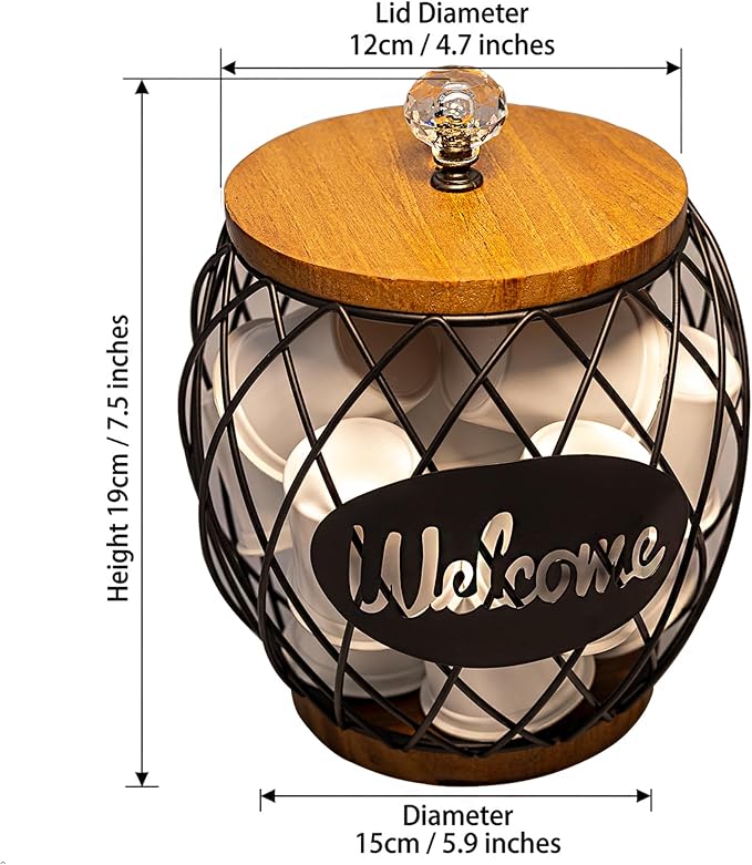 Black Metal Wire Coffee Pod Holder Basket with Wood Base & Lid, Crystal Knob Capsule Organizer Compatible with Nespresso Vertuo, Holds 26 Vertuo or 14 K Cups for Coffee Station Countertop