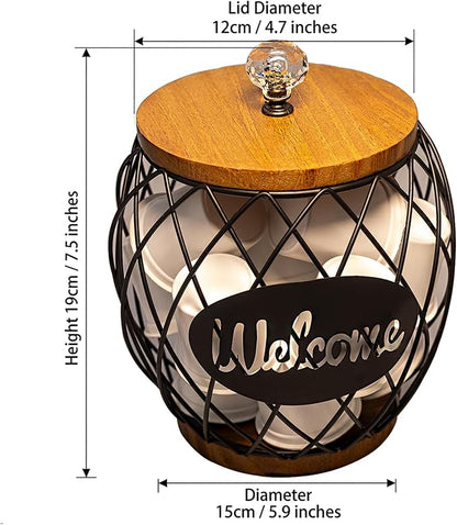 Black Metal Wire Coffee Pod Holder Basket with Wood Base & Lid, Crystal Knob Capsule Organizer Compatible with Nespresso Vertuo, Holds 26 Vertuo or 14 K Cups for Coffee Station Countertop