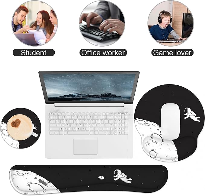 Ergonomic Mouse Pad with Wrist Rest and Keyboard Wrist Rest, Mousepad and Wrist Rest for Computer Keyboard, Pain Relief, Non-Slip Rubber Base, Mouse Pad with Wrist Support for Gaming, Astronaut