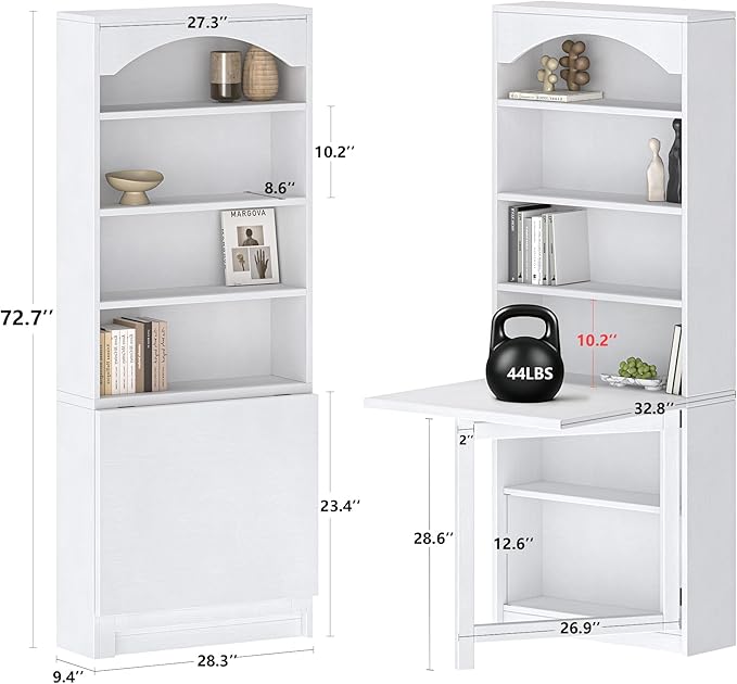 6-Tier Bookshelf with Folding Table, 72.8” Tall Open Storage Bookcase, Large Storage Capacity, Modern Display Shelf for Home Office, Living Room, Bedroom, White
