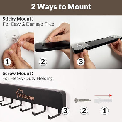 Wooden Key Holder with Metal Hooks,No Drill Adhesive & Screws, Wall Mount Entryway Organizer for Keys, Coats, Hats, Rustic Farmhouse Wall Decor for Hallway, Apartment (2, Black)