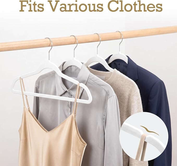 HOUSE DAY White Velvet Hangers 20 Pack, Non Slip Clothes Felt Hanger Heavy Duty for Coat, Premium Slim Space Saving Suit Hangers for Closet Organizer, 360° Rotating Silver Hook
