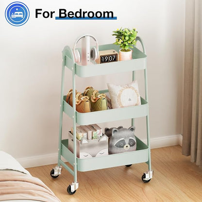 OLIXIS Metal Utility Cart, Mobile Rolling Storage Shelf with Lockable Caster Wheels, Organization for Livingroom, Bathroom & Narrow Places, 3 Tiers Green