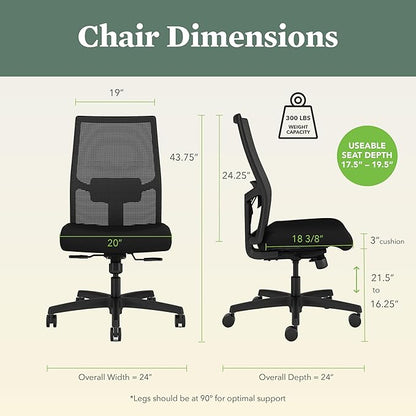 HON Ignition 2.0 Armless Office Chair, Ergonomic Adjustable Tilt, Swivel Wheels, Comfy for Long Hours, Home Office Desk Chairs, Black