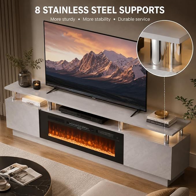 80" TV Stand & Entertainment Center, Media Console with Storage Cabinet, Fits TVs up to 90", Modern Living Room Furniture, 36" Electric Fireplace (Grey+Black)