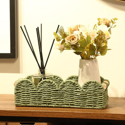Paper Rope Storage Basket Set of 2 with Wooden Handles - Scalloped Toilet Paper Organizer, Cute & Functional Home Decor for Bathroom or Living Room (Green)