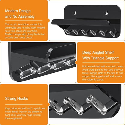 Beego Entryway Key Holder for Wall - Black Acrylic Key Rack with Shelf Decorative Key Hanger Wall Mount Mail Organizer with 6 Key Hooks for Office Hallway Kitchen Living Room Home Décor