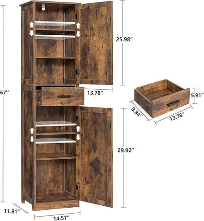usikey 67'' Tall Storage Cabinet with Adjustable Shelves & 2 Doors, Bathroom Cabinet with 1 Drawer, Narrow Tall Cabinets for Living Room, Home Office, Rustic Brown UNSNG040F