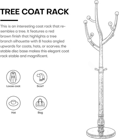 Bekrvio Tree Coat Rack Freestanding with Round Base, Unique Coat Hanger Stand, Heavy Duty Standing Coat Rack Clothes Stand for Winter Jacket, Hat, Entryway/Hallway/Bedroom, Red Brown