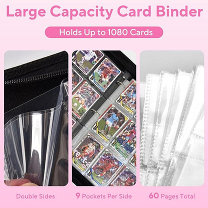 Portable 9-Pocket Trading Card Binder, Holds 1080 Cards with 60 Removable Sleeves Baseball Card Binder, Compact Card Album Organizer for Game & Sports Cards, Pink Color