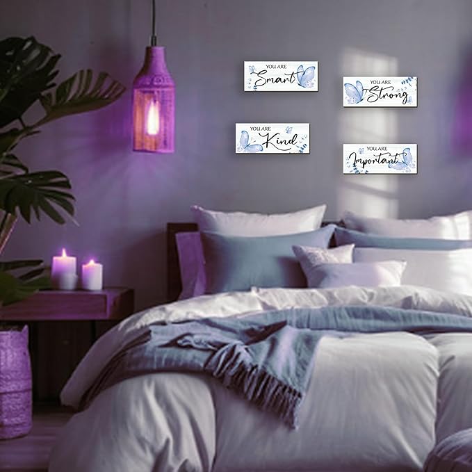 DONFENTHY 4 Pcs Butterfly Wall Decor Blue Room Decor Wooden Positive Decor with Butterfly Inspirational Word Sign for Teen Girls Women Room Bathroom Bedroom Office Decor(Blue,10x4 Inch)