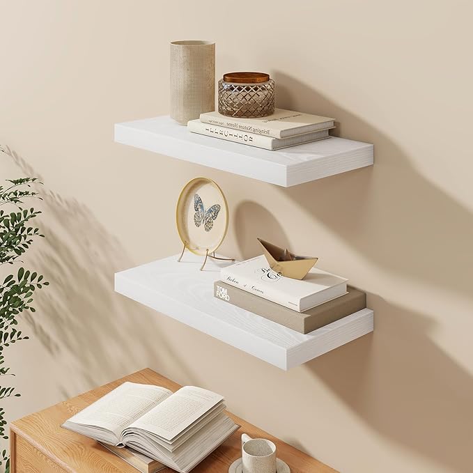 Fun Memories White Floating Shelves 24 Inch Long, 9.3 Inch Deep Floating Shelf for Lving Room, Bedoom, Kitchen, Deep Wall Shelves for Bathroom, 2 Pack Storage Display Shelf for Books, Decors