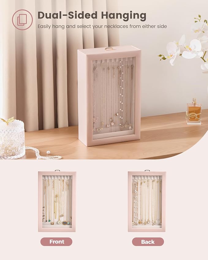 Lolalet Upgraded Double-Sided Hanging Necklace Organizer Box, Jewelry Display Case with Double-Sided Clear Window for Necklaces Bracelets, Tangle-Free Necklace Storage Box, Pink, 1-Layer 20 Hooks