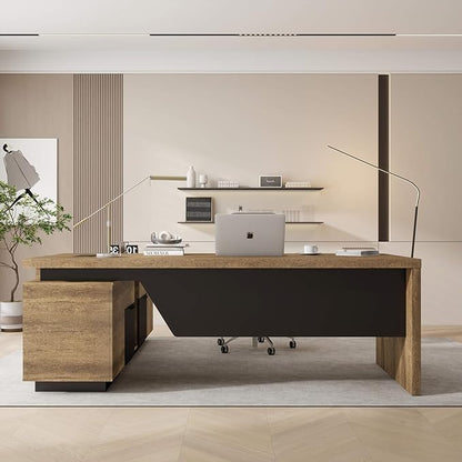 SAINTCY L-Shaped Executive Desk, Retractable Office Desk with Drawers, Large Wood Computer Desks for Boss, Bussiness Owners, Manangers and Supervisors, Adjustable Width (Right Return, 70.86" to 78.7")