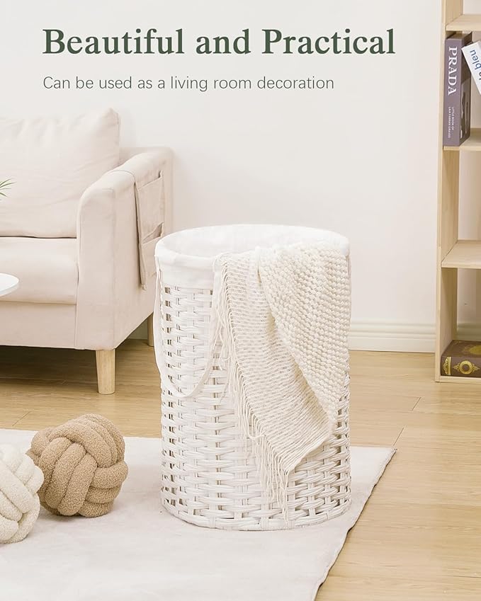 SETVSON Laundry Hamper Laundry Basket Round 19.0 Gal (72 L) Handwoven Rattan Hamper, Large Wicker Laundry Hamper with Removable Laundry Bag Handles 2 Mesh Bags for Bedroom Living Room White (No Lid)