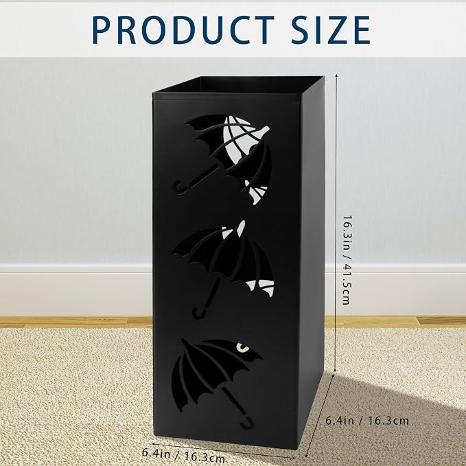 Metal Umbrella Holder, Square Freestanding Umbrella Stand Bucket Storage Indoor for Entryway, 6.3 x 6.3 x 16.3 Inch - Black