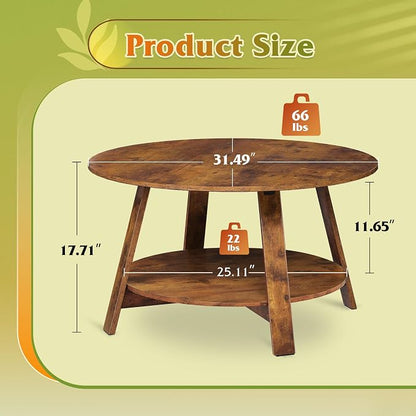 WLIVE Round Coffee Table, 2-Tier Wood Coffee Table with Storage Shelf, Tapered Legs, Circle Wood Small Center Table for Living Room, Apartment, Easy Assembly, Rustic Brown