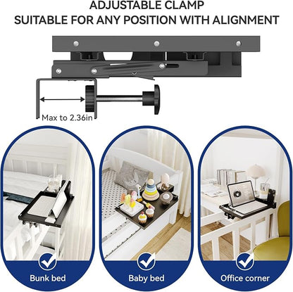 Metal Bedside Shelf Table Tray with Cup Holder, Foldable Bed Side Table for Bunk Bed & Top Bunk, College Dorm Room Essentials for Guys & Girls, Clip-on Laptop Nightstand for IKEA Beds, Black