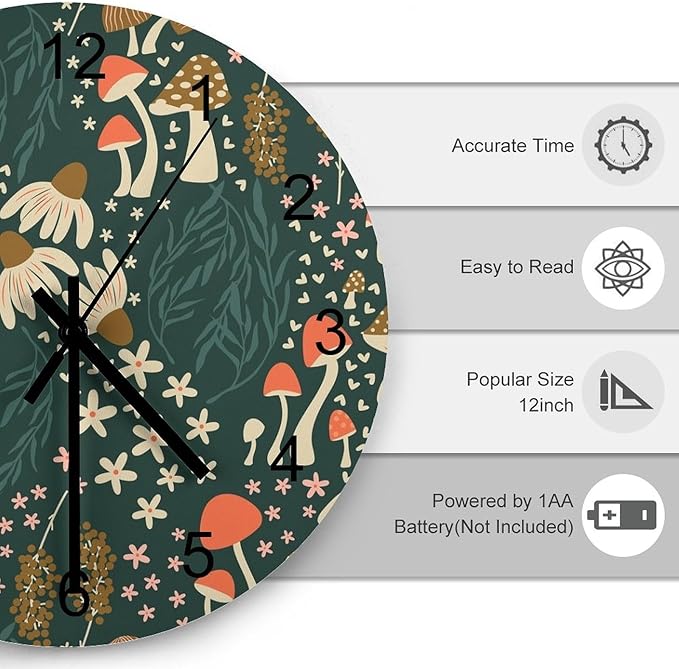 Botanical Wood Wall Clock, Cartoon Green Botanical Floral Leaves Mushroom Plant 12 Inch Silent Non-Ticking Battery Operated Round Clock for Bedroom Living Room Office Kitchen Decor