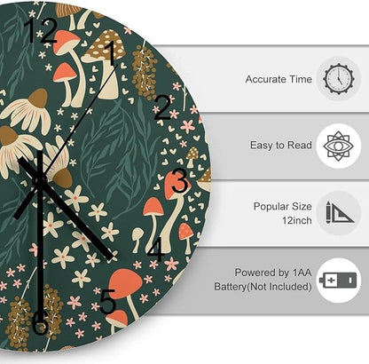 Botanical Wood Wall Clock, Cartoon Green Botanical Floral Leaves Mushroom Plant 12 Inch Silent Non-Ticking Battery Operated Round Clock for Bedroom Living Room Office Kitchen Decor