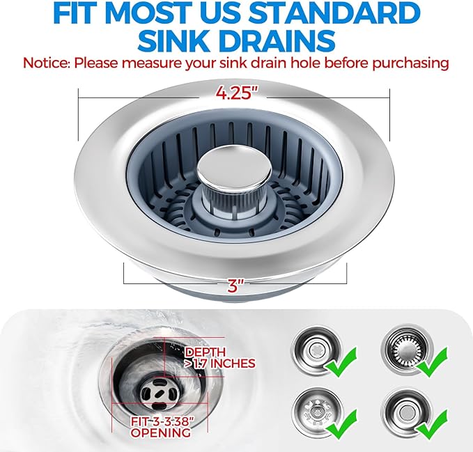 Kitchen Sink Drain Strainer - 2Pack Sink Stopper, Drain Protector, Kitchen Drain Plug & Sink Installation Parts with Anti-Clogging Basket, Fit US Standard 3-1/2'' Sink Drain Hole, Silver