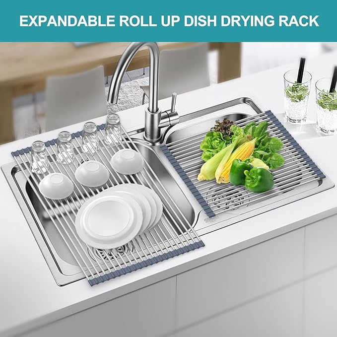 BBXTYLY Extra Large Expandable Roll Up Dish Drying Rack,Over The Sink Drying Rack Sink Cover Kitchen Sink Accessories Kitchen Rolling up Stainless Steel Drainer, Foldable,Rollable（Grey，25.1''-17.3''）